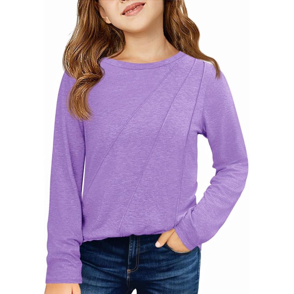 image:imageHaloumoning Girls Long Sleeve Shirts Pleated Casual Crewneck Fall Fashion Tops Basic Tees 514YLight Purple