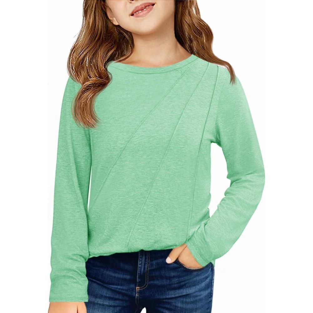 image:imageHaloumoning Girls Long Sleeve Shirts Pleated Casual Crewneck Fall Fashion Tops Basic Tees 514YMint