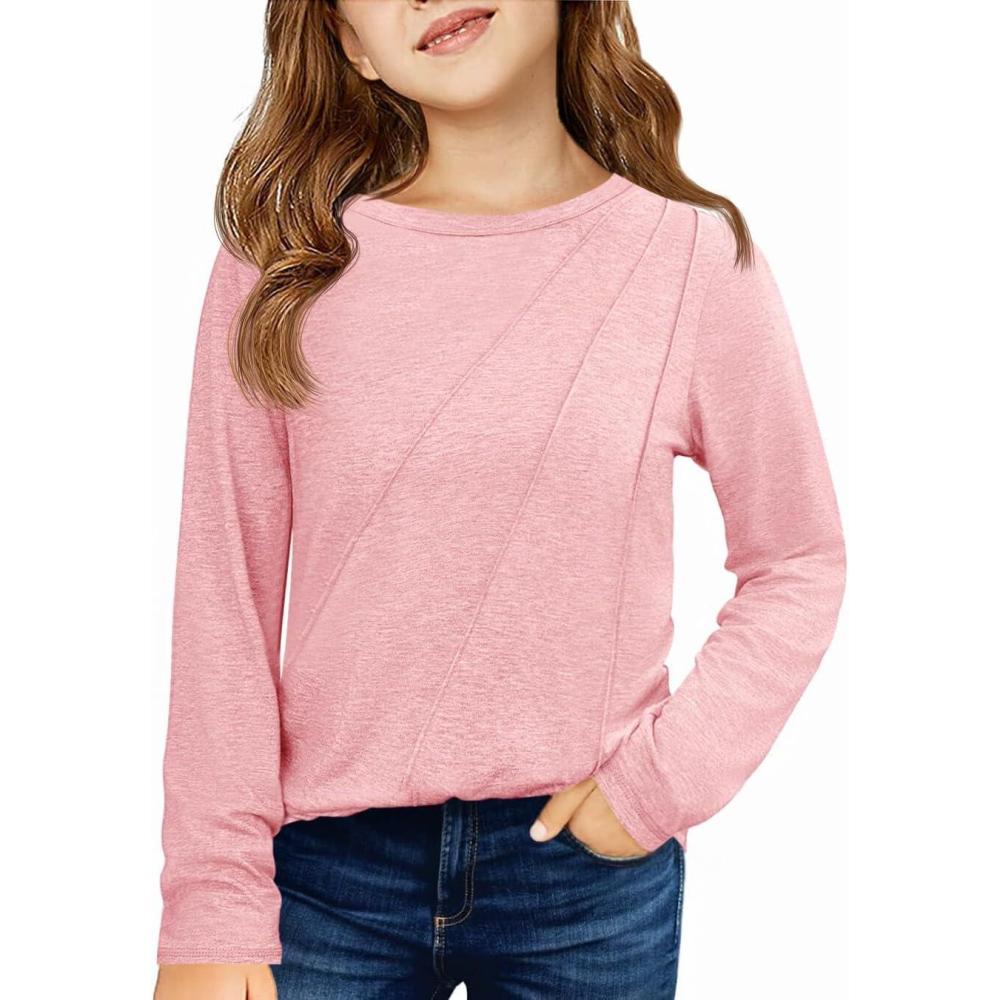 image:imageHaloumoning Girls Long Sleeve Shirts Pleated Casual Crewneck Fall Fashion Tops Basic Tees 514YPink