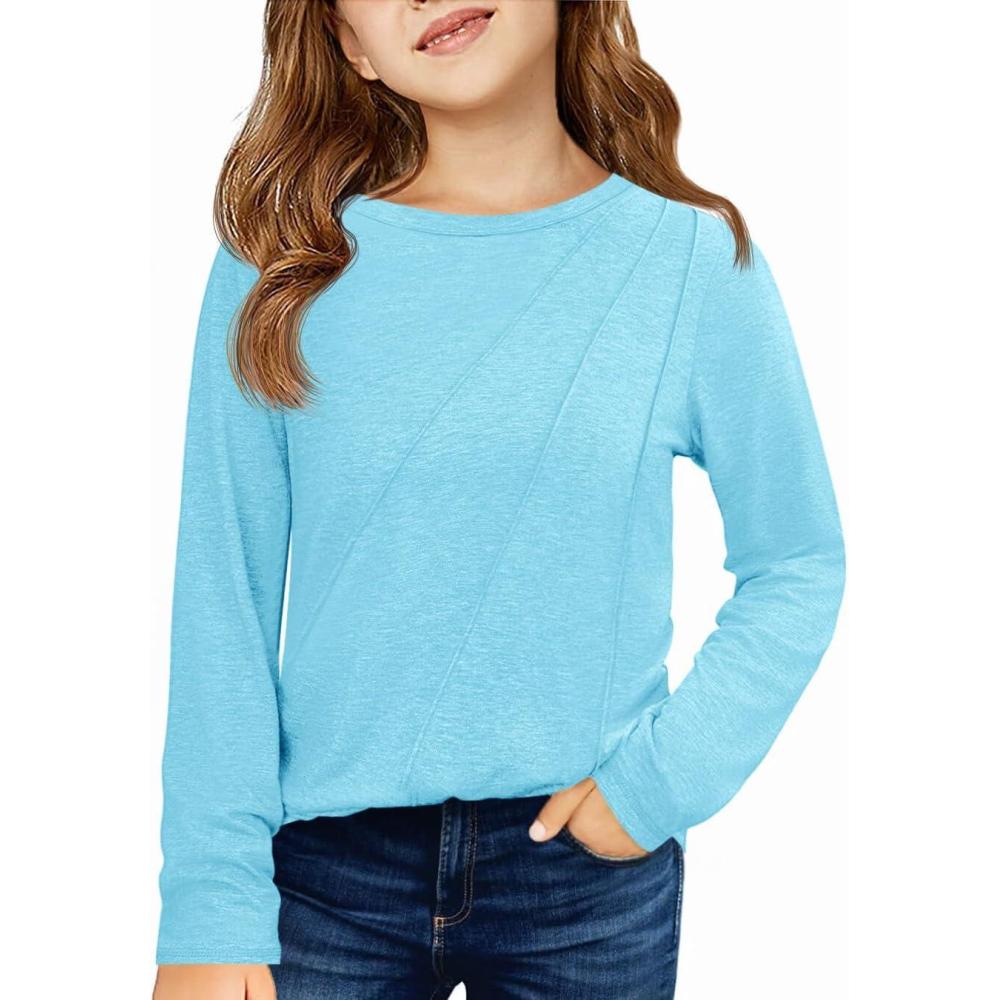 image:imageHaloumoning Girls Long Sleeve Shirts Pleated Casual Crewneck Fall Fashion Tops Basic Tees 514YSky Blue