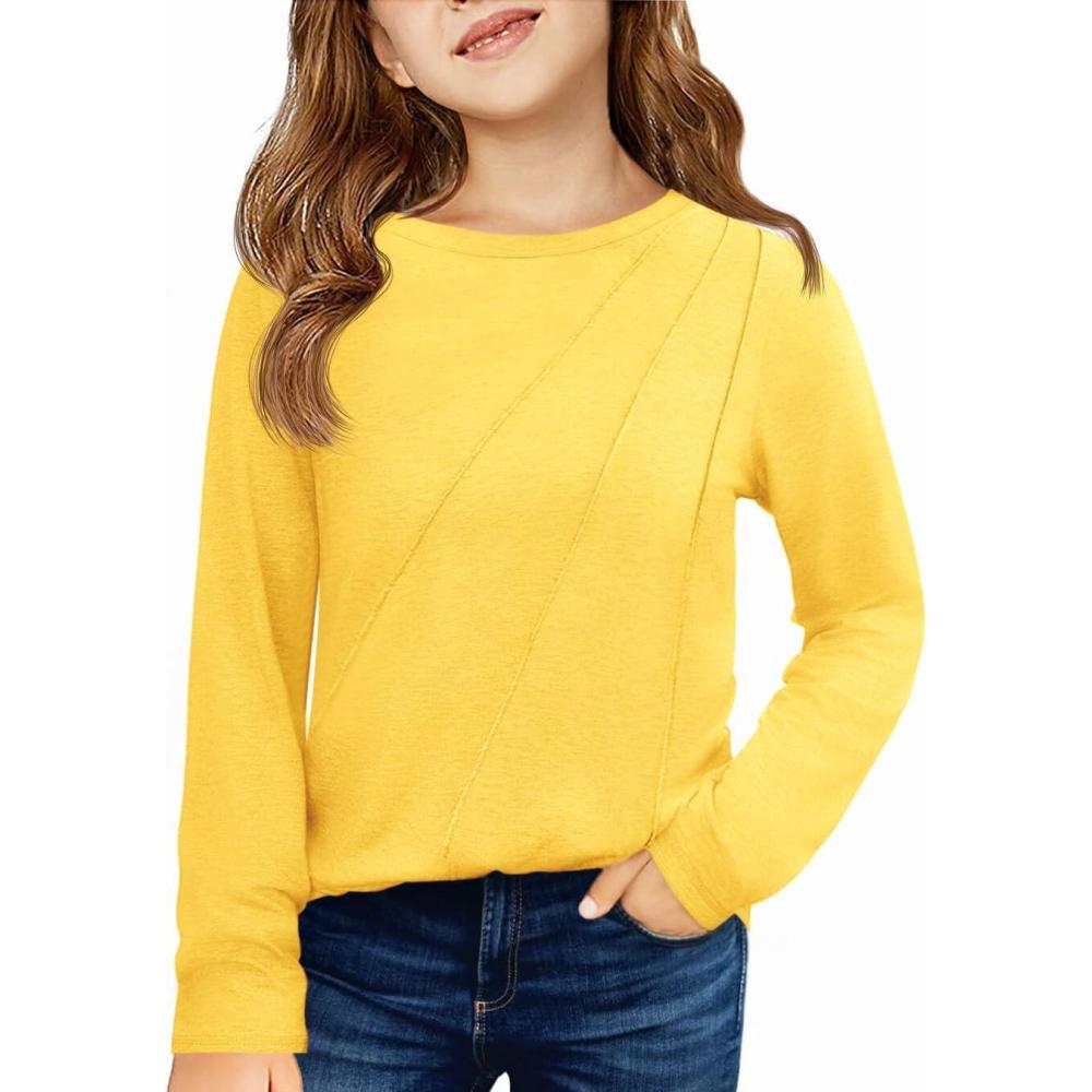 image:imageHaloumoning Girls Long Sleeve Shirts Pleated Casual Crewneck Fall Fashion Tops Basic Tees 514YYellow