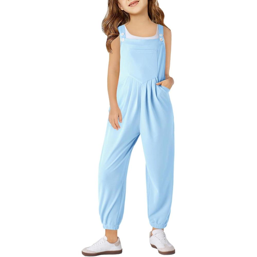 image:imageHaloumoning Girls Overalls Kids Casual Sleeveless Jumpsuit One Piece Rompers with Pockets 514 YearsLight Blue