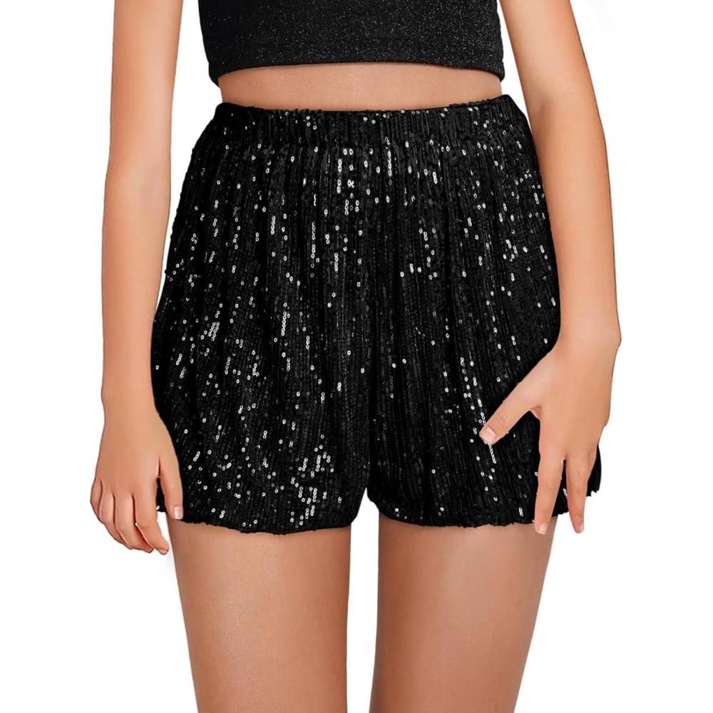 image:imageHaloumoning Girls Sequin Shorts High Waisted Wide Leg Sparkly Glitter Party Shorts 514 YearsBlack