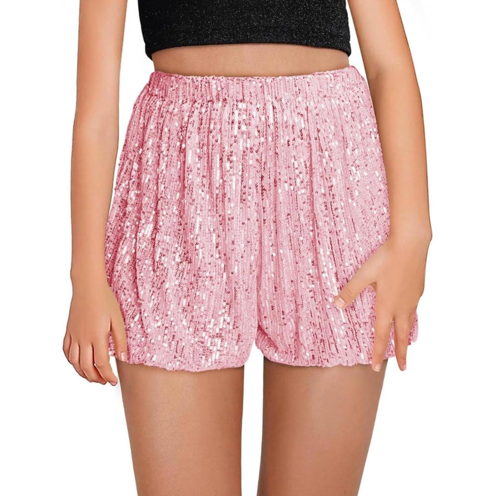 image:imageHaloumoning Girls Sequin Shorts High Waisted Wide Leg Sparkly Glitter Party Shorts 514 YearsPink