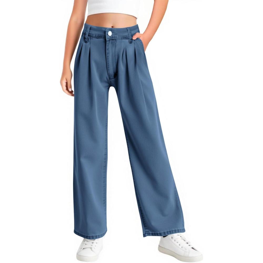 image:imageHaloumoning Girls Wide Leg Baggy Jeans Kids Fashion Pleated Elastic High Waist Denim Pants with Pockets 514 YearsDark Blue