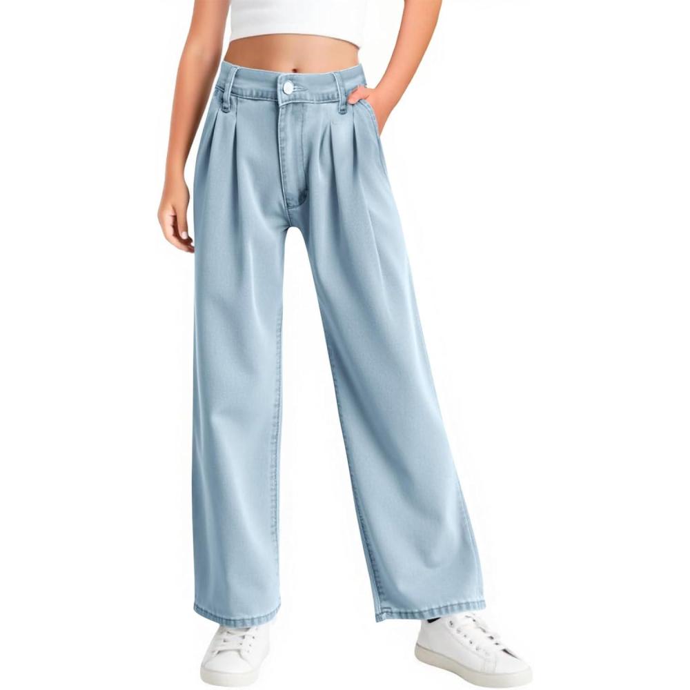 image:imageHaloumoning Girls Wide Leg Baggy Jeans Kids Fashion Pleated Elastic High Waist Denim Pants with Pockets 514 YearsLight Blue