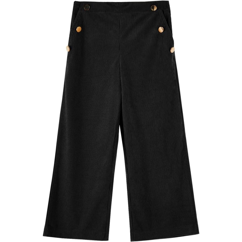 image:imageHaloumoning Girls Wide Leg Corduroy Pants Kids Elastic Waist Gold Button Trousers with Pockets 514 YearsBlack