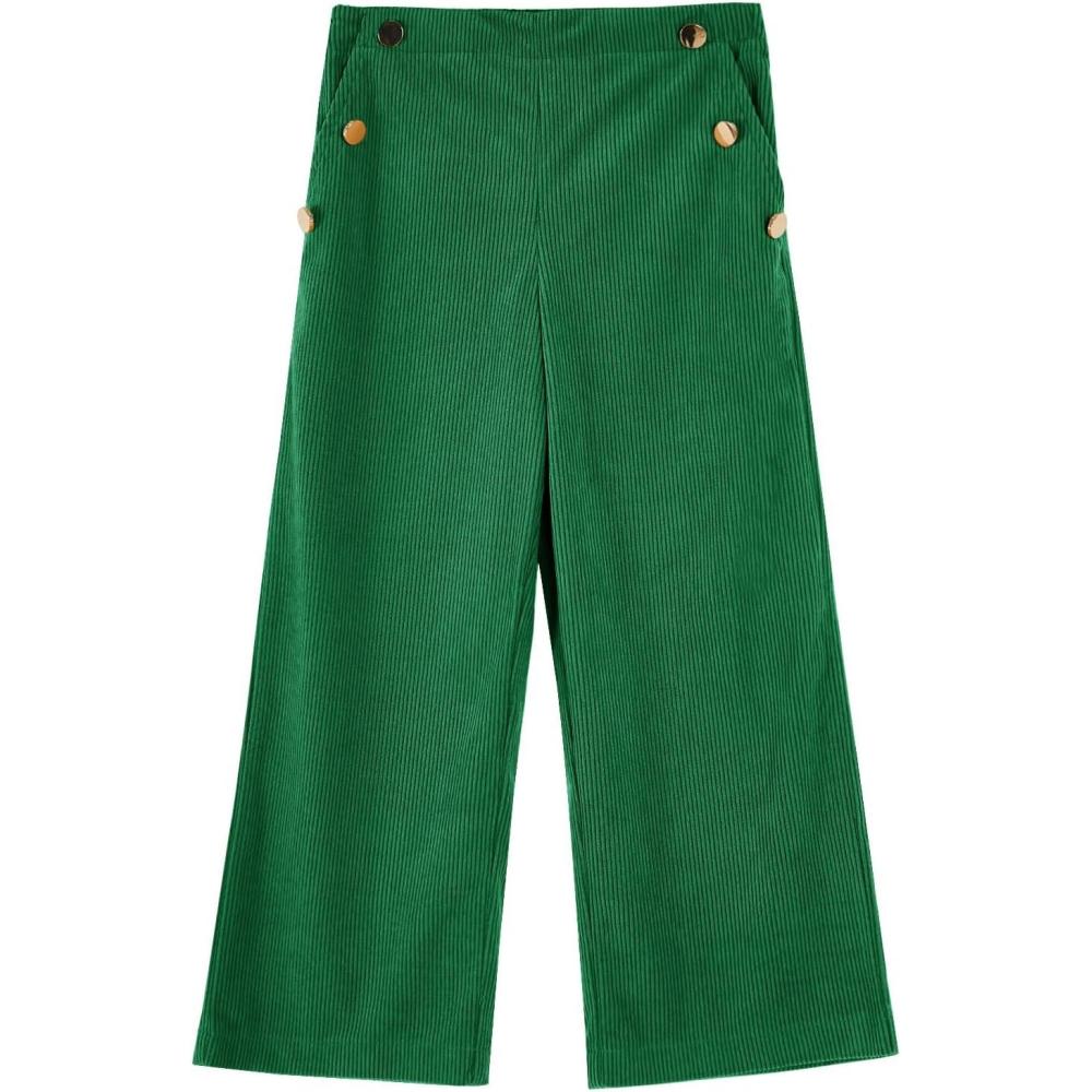 image:imageHaloumoning Girls Wide Leg Corduroy Pants Kids Elastic Waist Gold Button Trousers with Pockets 514 YearsDark Green