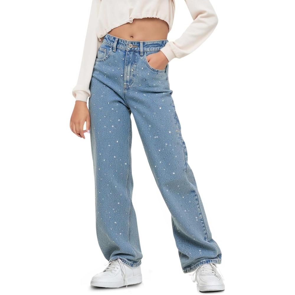 image:imageHaloumoning Girls Wide Leg Rhinestone Jeans Kids Baggy Elastic Waisted Denim Pants with Pockets 514 YearsLight Blue