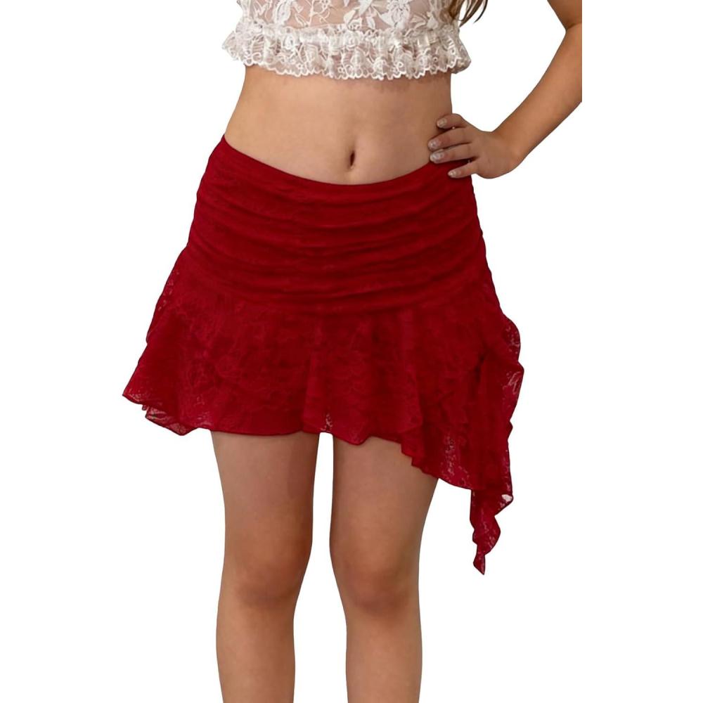 image:imageHaloumoning Girls Y2K Lace Mini Skirts Kids Low Rise Pleated Ruffle Short Skirts Layered Flowy Asymmetrical Skirt 514 YearsRed