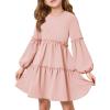 Girls Lantern Long Sleeve Dress Kids Flowy Tiered Ruffle Crewneck A-Line Fall Dresses 5-14 Years(Pink)