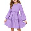 Girls Lantern Long Sleeve Dress Kids Flowy Tiered Ruffle Crewneck A-Line Fall Dresses 5-14 Years(Purple)