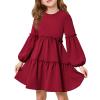 Girls Lantern Long Sleeve Dress Kids Flowy Tiered Ruffle Crewneck A-Line Fall Dresses 5-14 Years(Red)