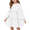 Girls Lantern Long Sleeve Dress Kids Flowy Tiered Ruffle Crewneck A-Line Fall Dresses 5-14 Years(White)