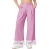 Girls Wide Leg Pants Kids Fashion Lace Hem Elastic Waist Uniform Pants Slacks with Pockets 5-14 Years(Pink)
