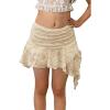 Haloumoning Girls Y2K Lace Mini Skirts Kids Low Rise Pleated Ruffle Short Skirts Layered Flowy Asymmetrical Skirt 5-14 Years(Beige)