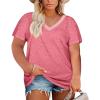Womens Plus Size V Neck T Shirts Summer Short Sleeve Sexy Tops T-Shirts Tunic Casual Loose Fit Soft Basic Tees(01-pink)