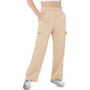 Girls Kids Cargo Sweatpants Wide Straight Leg Jogger Pants 5-14 Years(Khaki)