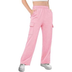 Girls Kids Cargo Sweatpants Wide Straight Leg Jogger Pants 5-14 Years(Pink)