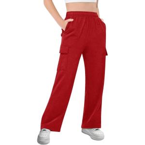 Girls Kids Cargo Sweatpants Wide Straight Leg Jogger Pants 5-14 Years(Red)