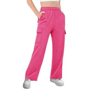 Girls Kids Cargo Sweatpants Wide Straight Leg Jogger Pants 5-14 Years(Rose Red)