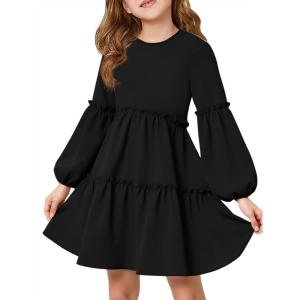 Girls Lantern Long Sleeve Dress Kids Flowy Tiered Ruffle Crewneck A-Line Fall Dresses 5-14 Years(Black)