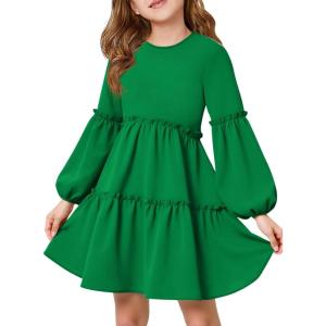 Girls Lantern Long Sleeve Dress Kids Flowy Tiered Ruffle Crewneck A-Line Fall Dresses 5-14 Years(Green)