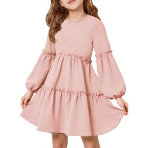 Girls Lantern Long Sleeve Dress Kids Flowy Tiered Ruffle Crewneck A-Line Fall Dresses 5-14 Years(Pink)