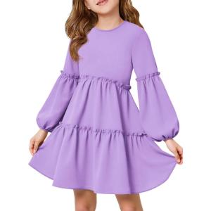 Girls Lantern Long Sleeve Dress Kids Flowy Tiered Ruffle Crewneck A-Line Fall Dresses 5-14 Years(Purple)