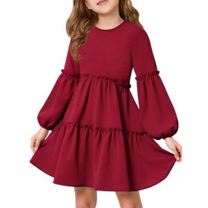 Girls Lantern Long Sleeve Dress Kids Flowy Tiered Ruffle Crewneck A-Line Fall Dresses 5-14 Years(Red)
