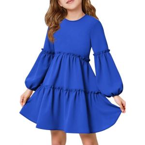 Girls Lantern Long Sleeve Dress Kids Flowy Tiered Ruffle Crewneck A-Line Fall Dresses 5-14 Years(Royal Blue)