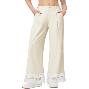 Girls Wide Leg Pants Kids Fashion Lace Hem Elastic Waist Uniform Pants Slacks with Pockets 5-14 Years(Beige)