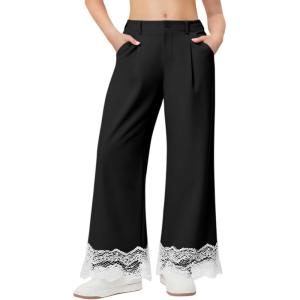 Girls Wide Leg Pants Kids Fashion Lace Hem Elastic Waist Uniform Pants Slacks with Pockets 5-14 Years(Black)