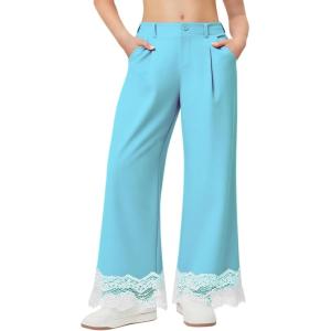 Girls Wide Leg Pants Kids Fashion Lace Hem Elastic Waist Uniform Pants Slacks with Pockets 5-14 Years(Blue)