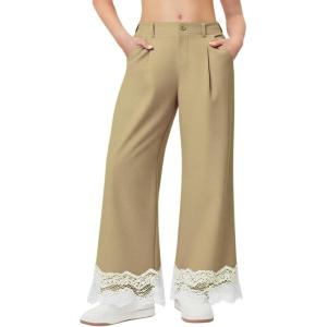 Girls Wide Leg Pants Kids Fashion Lace Hem Elastic Waist Uniform Pants Slacks with Pockets 5-14 Years(Khaki)