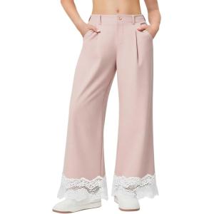 Girls Wide Leg Pants Kids Fashion Lace Hem Elastic Waist Uniform Pants Slacks with Pockets 5-14 Years(Light Pink)