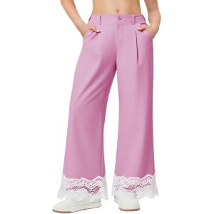 Girls Wide Leg Pants Kids Fashion Lace Hem Elastic Waist Uniform Pants Slacks with Pockets 5-14 Years(Pink)