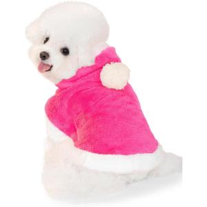 Haloumoning Dog Fleece Hoodie Cute Pom-pom Hooded Sweatshirt Christmas Costume Holiday Outfit Pet Xmas Clothes for Small Medium Dogs(Hot Pink)