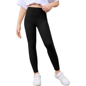 Haloumoning Girls Athletic Leggings with Pockets Kids High Waist Active Tights Dance Running Yoga Pants 5-14 Years(Black)