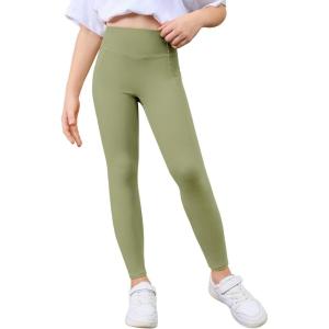 Haloumoning Girls Athletic Leggings with Pockets Kids High Waist Active Tights Dance Running Yoga Pants 5-14 Years(Light Green)