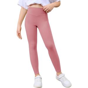Haloumoning Girls Athletic Leggings with Pockets Kids High Waist Active Tights Dance Running Yoga Pants 5-14 Years(Pink)