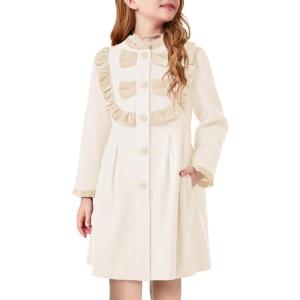 Haloumoning Girls Dress Coat Kids Ruffle Button Down Cute Bow Long Winter Jackets with Pockets 3-12 Years(Beige)