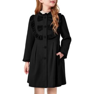 Haloumoning Girls Dress Coat Kids Ruffle Button Down Cute Bow Long Winter Jackets with Pockets 3-12 Years(Black)