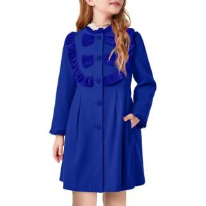 Haloumoning Girls Dress Coat Kids Ruffle Button Down Cute Bow Long Winter Jackets with Pockets 3-12 Years(Navy Blue)