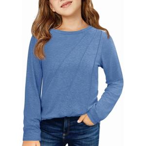 Haloumoning Girls Long Sleeve Shirts Pleated Casual Crewneck Fall Fashion Tops Basic Tees 5-14Y(Blue)