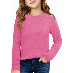 Haloumoning Girls Long Sleeve Shirts Pleated Casual Crewneck Fall Fashion Tops Basic Tees 5-14Y(Bright Pink)