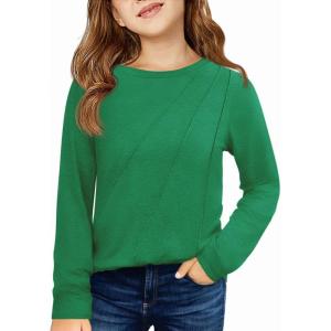 Haloumoning Girls Long Sleeve Shirts Pleated Casual Crewneck Fall Fashion Tops Basic Tees 5-14Y(Green)