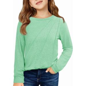 Haloumoning Girls Long Sleeve Shirts Pleated Casual Crewneck Fall Fashion Tops Basic Tees 5-14Y(Mint)