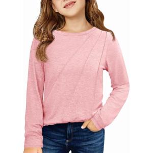 Haloumoning Girls Long Sleeve Shirts Pleated Casual Crewneck Fall Fashion Tops Basic Tees 5-14Y(Pink)