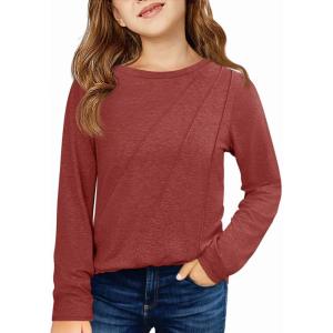 Haloumoning Girls Long Sleeve Shirts Pleated Casual Crewneck Fall Fashion Tops Basic Tees 5-14Y(Red)